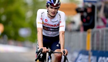 CORNO ALLE SCALE, ITALY - MAY 17: Giulio Pellizzari of Italy and Team Red Bull - BORA - hansgrohe - White Best Young Rider Jersey crosses the finish line during the 109th Giro d&amp;apos;Italia 2026, Stage 9 a 184km stage from Cervia to Corno alle Scale 1469m / #UCIWT / on May 17, 2026 in Corno alle Scale, Italy. (Photo by Tim de Waele/Getty Images)