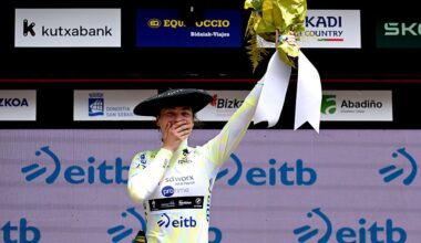 Mischa Bredewold (SD Worx - Protime) celebrates on the podium after winning the general classification at the 5th Itzulia Women 2026, in San Sebastian, Spain. (Photo by Szymon Gruchalski/Getty Images)