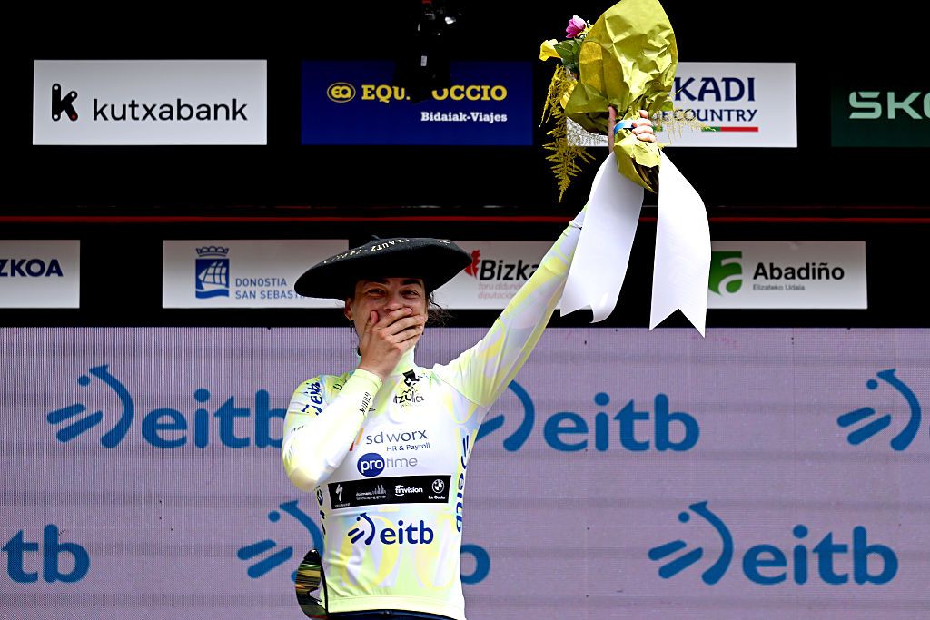 Mischa Bredewold (SD Worx - Protime) celebrates on the podium after winning the general classification at the 5th Itzulia Women 2026, in San Sebastian, Spain. (Photo by Szymon Gruchalski/Getty Images)