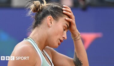 Aryna Sabalenka reacts to a missed point during her loss to Sorana Cirstea at the Italian Open