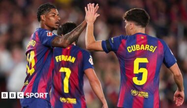 Marcus Rashford celebrates a goal for Barcelona