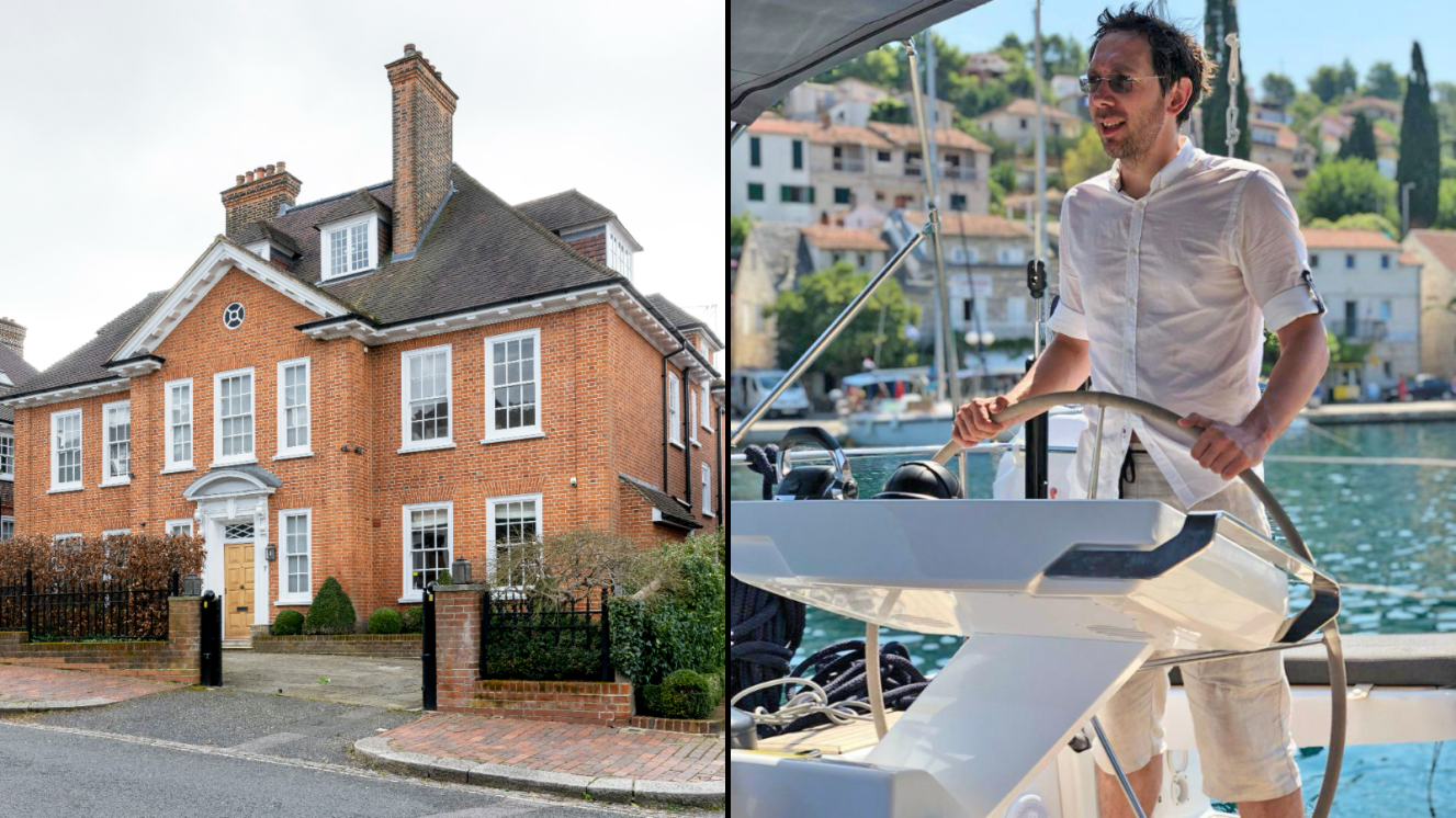 Collage of a brick house with a grand entrance and a man steering a sailboat.