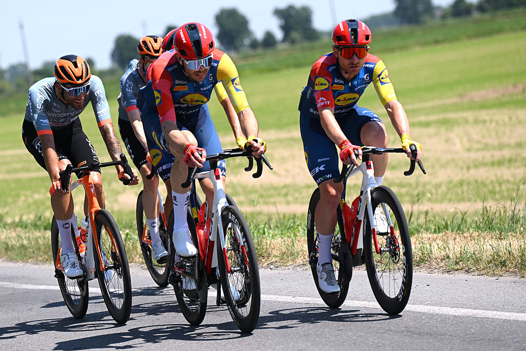 MILAN, ITALY - MAY 24: (L-R) Max Walscheid of Germany and Simone Consonni of Italy and Team Lidl - Trek compete during the 109th Giro d&amp;apos;Italia 2026, Stage 15 a 157km stage from Voghera to Milan / #UCIWT / on May 24, 2026 in Milan, Italy. (Photo by Dario Belingheri/Getty Images)