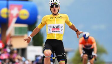 LEYSIN, SWITZERLAND - MAY 03: Tadej Pogacar of Slovenia and UAE Team Emirates - XRG - Yellow Leader Jersey celebrates at finish line as stage winner during the 79th Tour de Romandie 2026, Stage 5 a 178.2km from Lucens to Leysin 1312m / #UCIWT / on May 03, 2026 in Leysin, Switzerland. (Photo by Dario Belingheri/Getty Images)