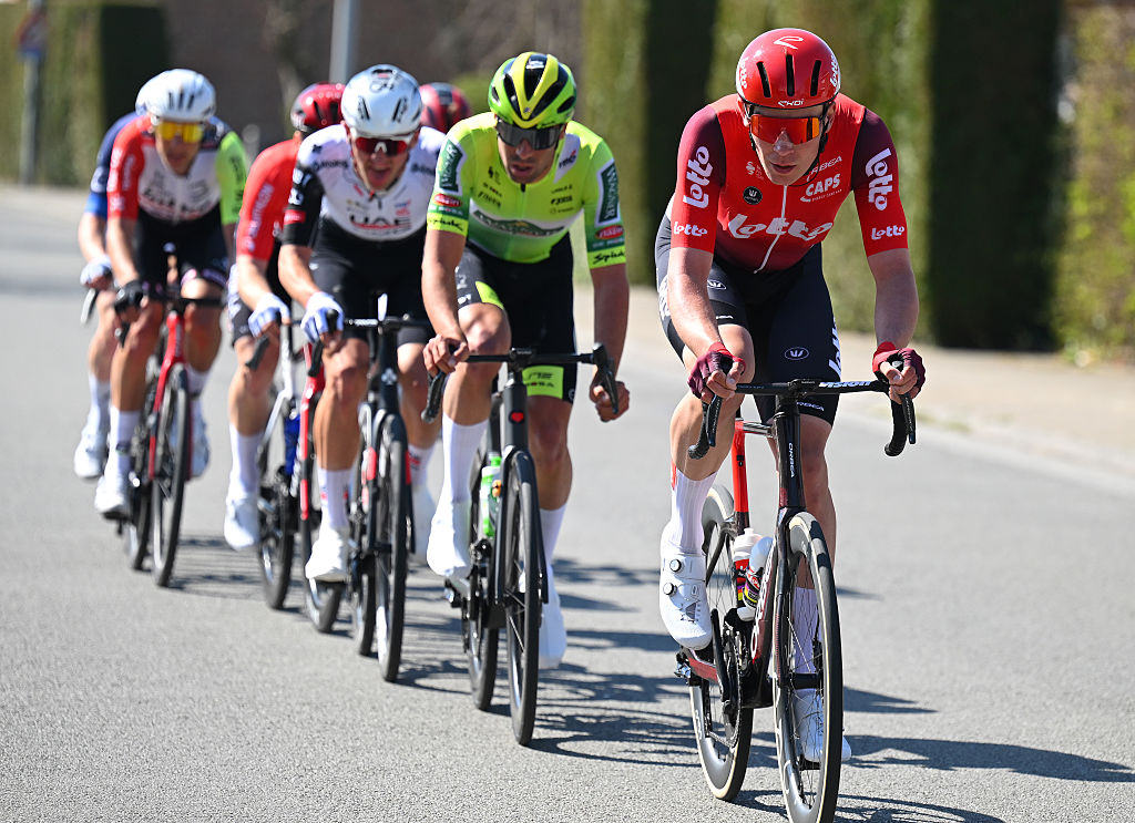 WAREGEM, BELGIUM - APRIL 02: Joshua Giddings of Great Britain and Team Lotto competes in the breakaway during the 79th Dwars Door Vlaanderen 2025, Men&amp;apos;s Elite a 184.2km one day race from Roeselare to Waregem / #UCIWT / on April 02, 2025 in Waregem, Belgium. (Photo by Tim de Waele/Getty Images)