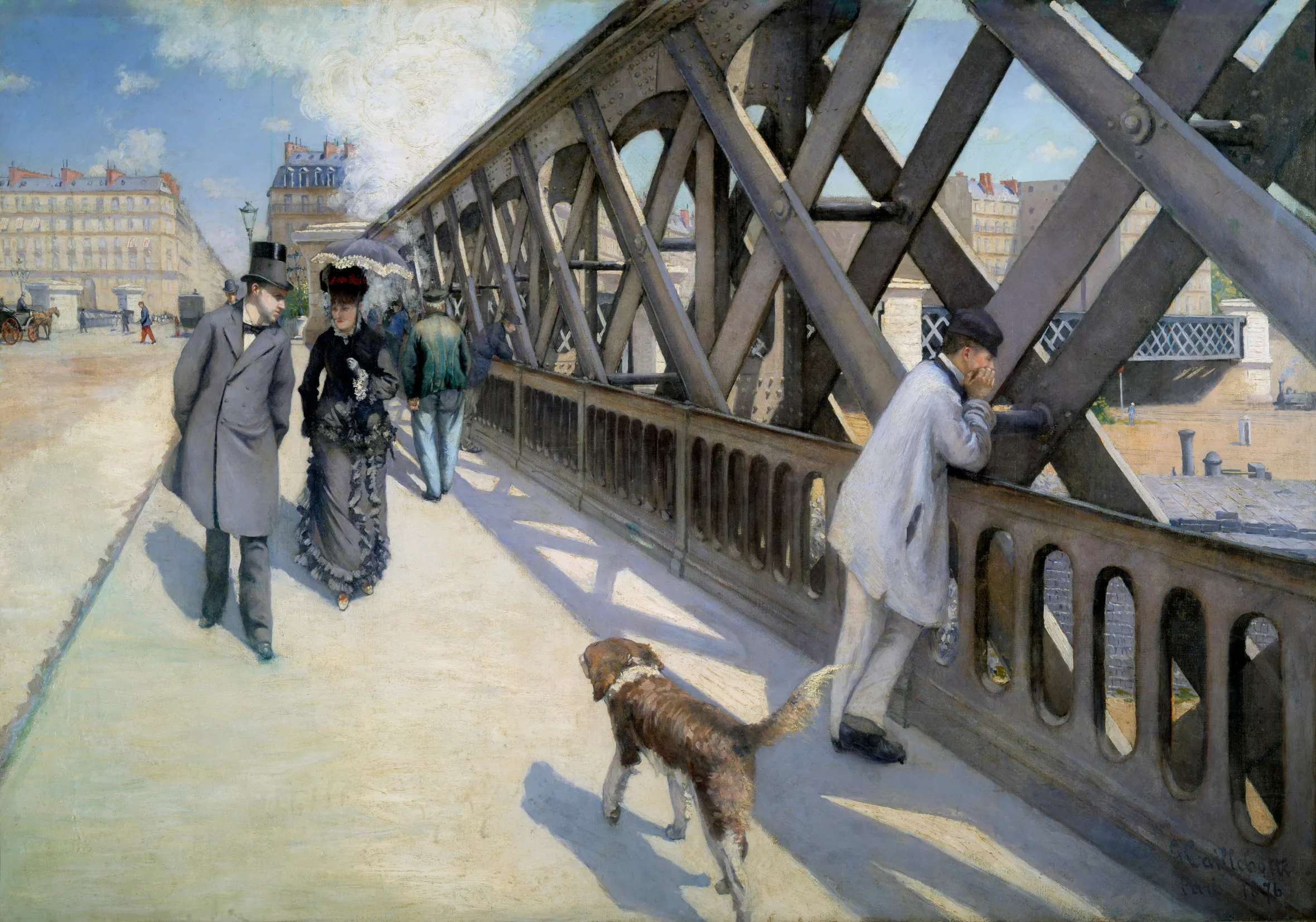 Painting of men, women, and a dog on the Europe Bridge in Paris.