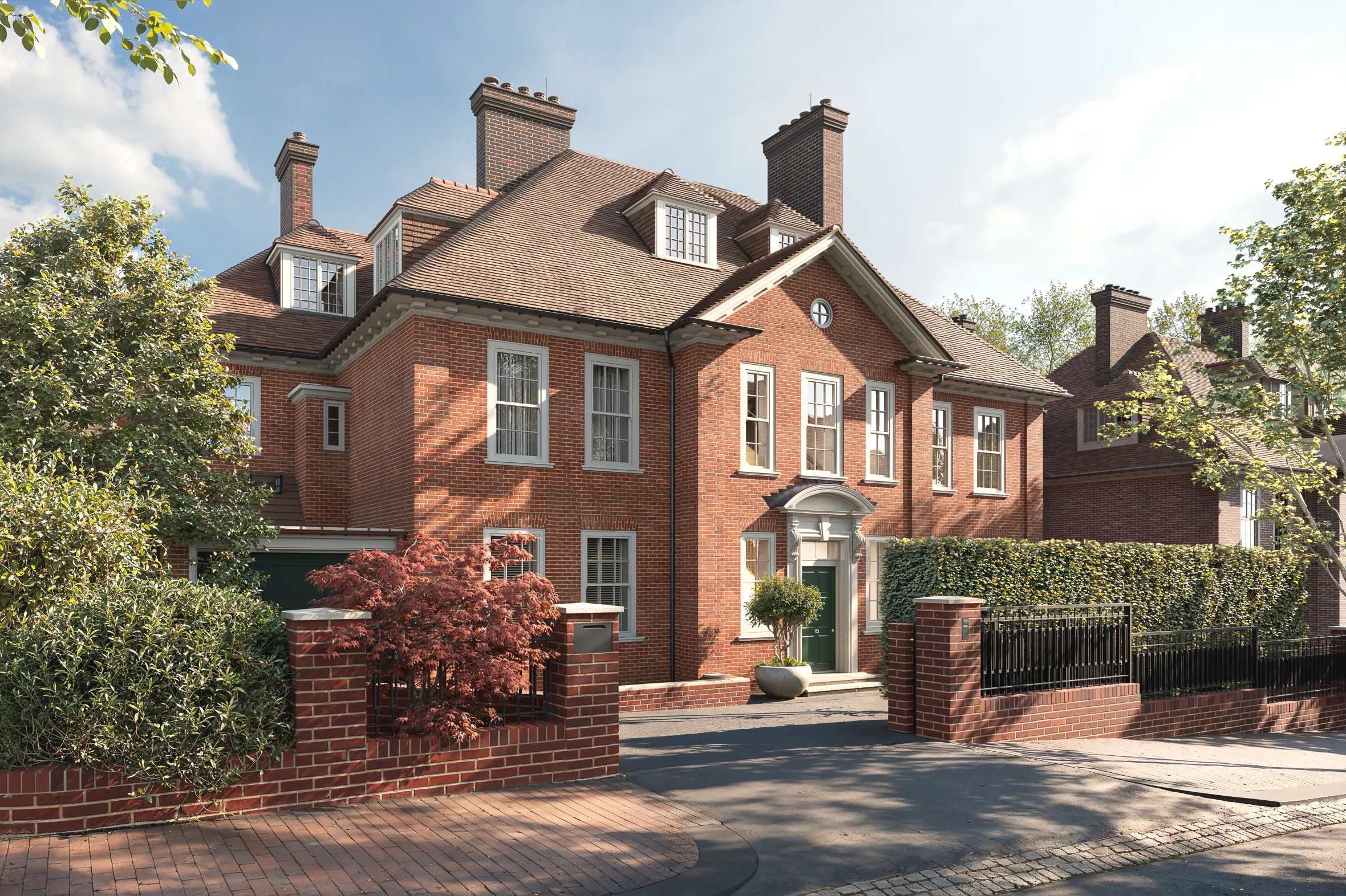 Illustration of a red brick mansion with a green front door and dormer windows, surrounded by trees and hedges.