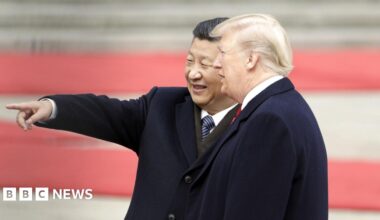 Xi Jinping, China's president, left, gestures while standing next to U.S. President Donald Trump, during a welcome ceremony outside the Great Hall of the People in Beijing, China, in November 2017.