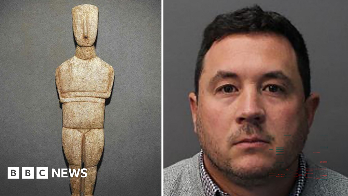 Composite image showing a mug shot of Andrew Crowley to the right and one of the statues to the left. Crowley is wearing a light grey jumper and checked shirt underneath, he has short dark hair and short stubble.
