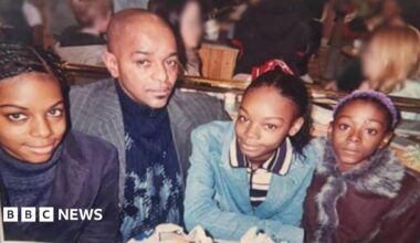 The three sisters, seen as teenagers, and their father sit together at a restaurant table, from left to right, Jane Adetoro, Joseph, Christina Walters and Rebecca Walters.