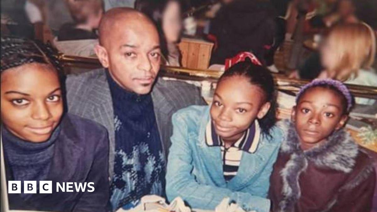 The three sisters, seen as teenagers, and their father sit together at a restaurant table, from left to right, Jane Adetoro, Joseph, Christina Walters and Rebecca Walters.