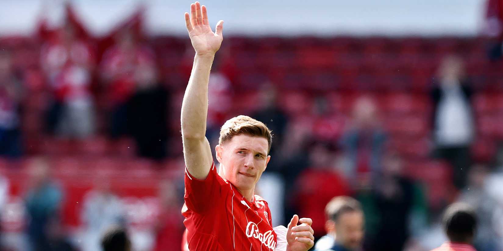 Elliot Anderson waves to the Nottingham Forest fans
