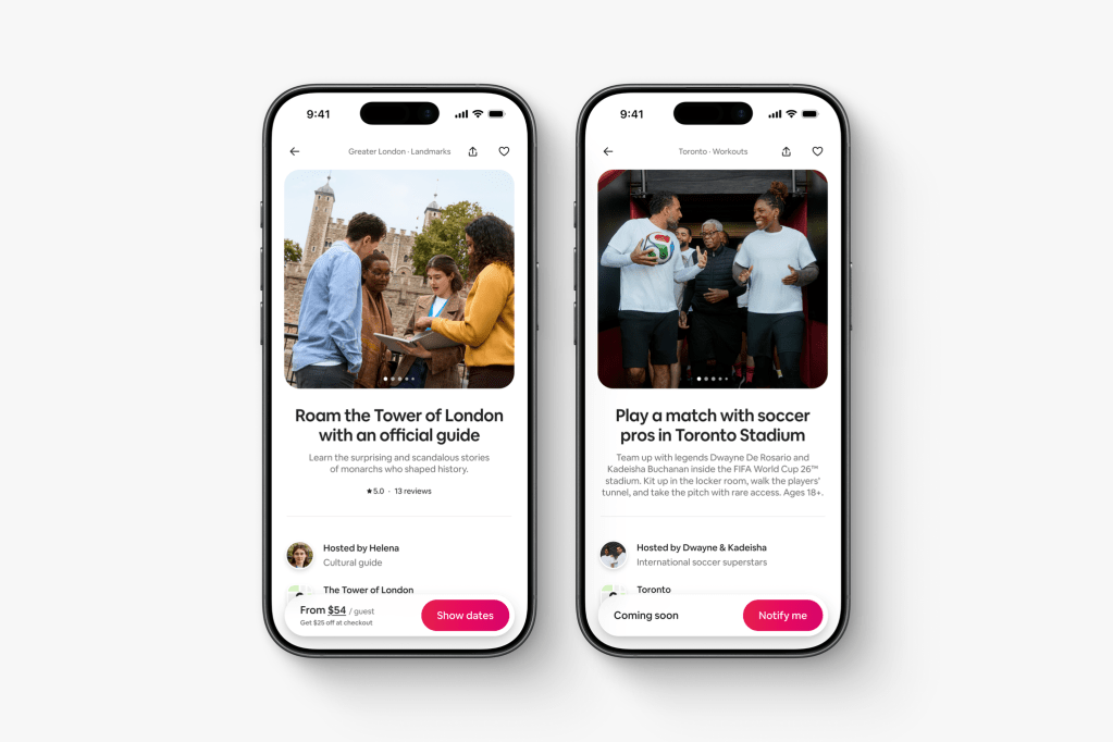 Airbnb app showing experiences for Roam the Tower of London with an official guide for $54 and Play a match with soccer pros Dwayne De Rosario and Kadeisha Buchanan in the FIFA World Cup 26 Toronto Stadium coming soon