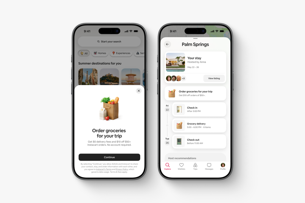 Airbnb app Order groceries for your trip screen. Get $0 delivery fees and $10 off $50+ Instacart orders. No account required. Shows delivery window from 5:00-6:00 PM between check in and check out