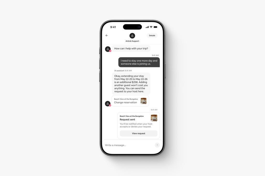 Airbnb support chat with AI assistant sending request to extend stay and add a guest
