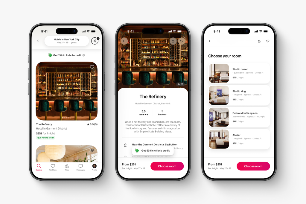Airbnb app with hotel booking workflow including list of hotels, hotel detail page, and room selection