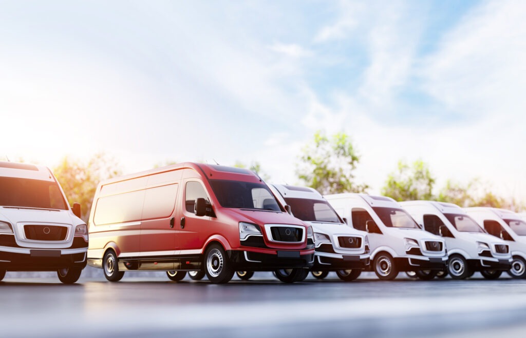 Transportation van and fleet of cargo trucks courier service. Transport, shipping industry. 3D illustration