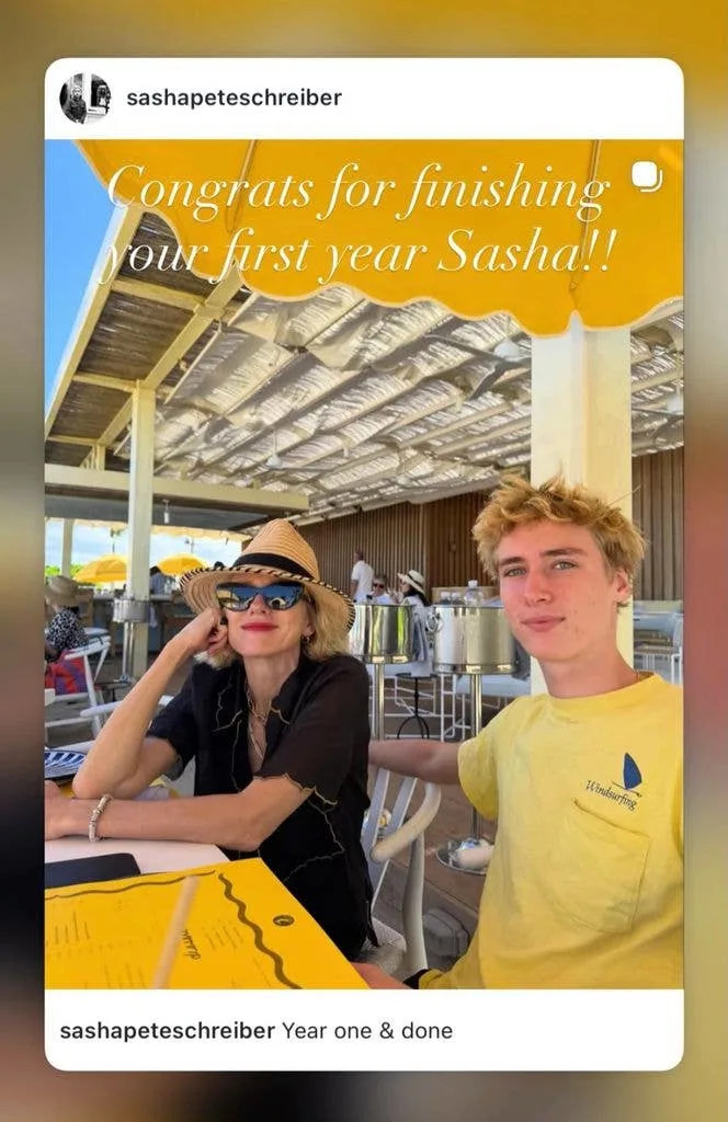 Photo reposted by Naomi Watts of a post shared by her son Sasha Schreiber celebrating the end of his first year of college