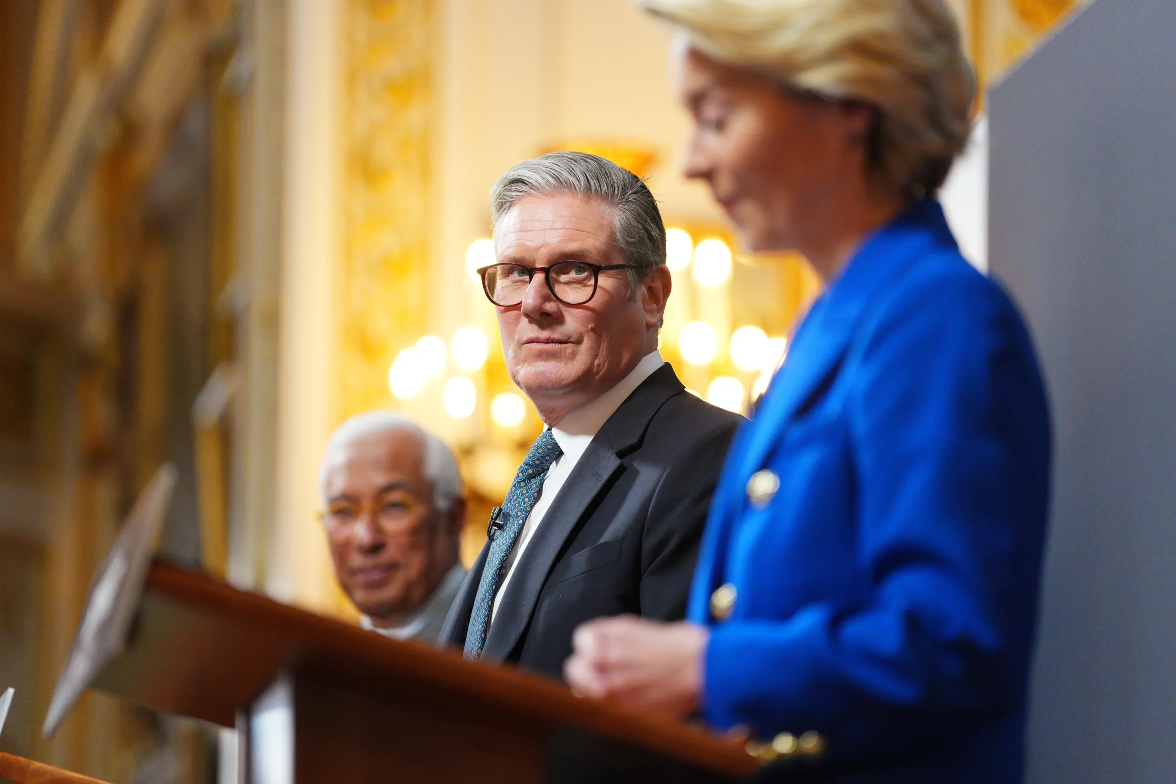 UK Prime Minister Keir Starmer at a press conference between Antonio Costa and Ursula von der Leyen.