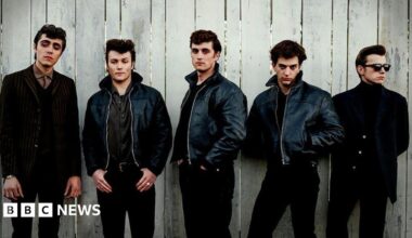 Ellis Murphy as Paul McCartney, Patrick Gilmore as Pete Best, Rhys Mannion as John Lennon, Harvey Brett as George Harrison, Louis Landau as Stu Sutcliffe. All five are dressed in black trousers and black jackets - three of them leather.