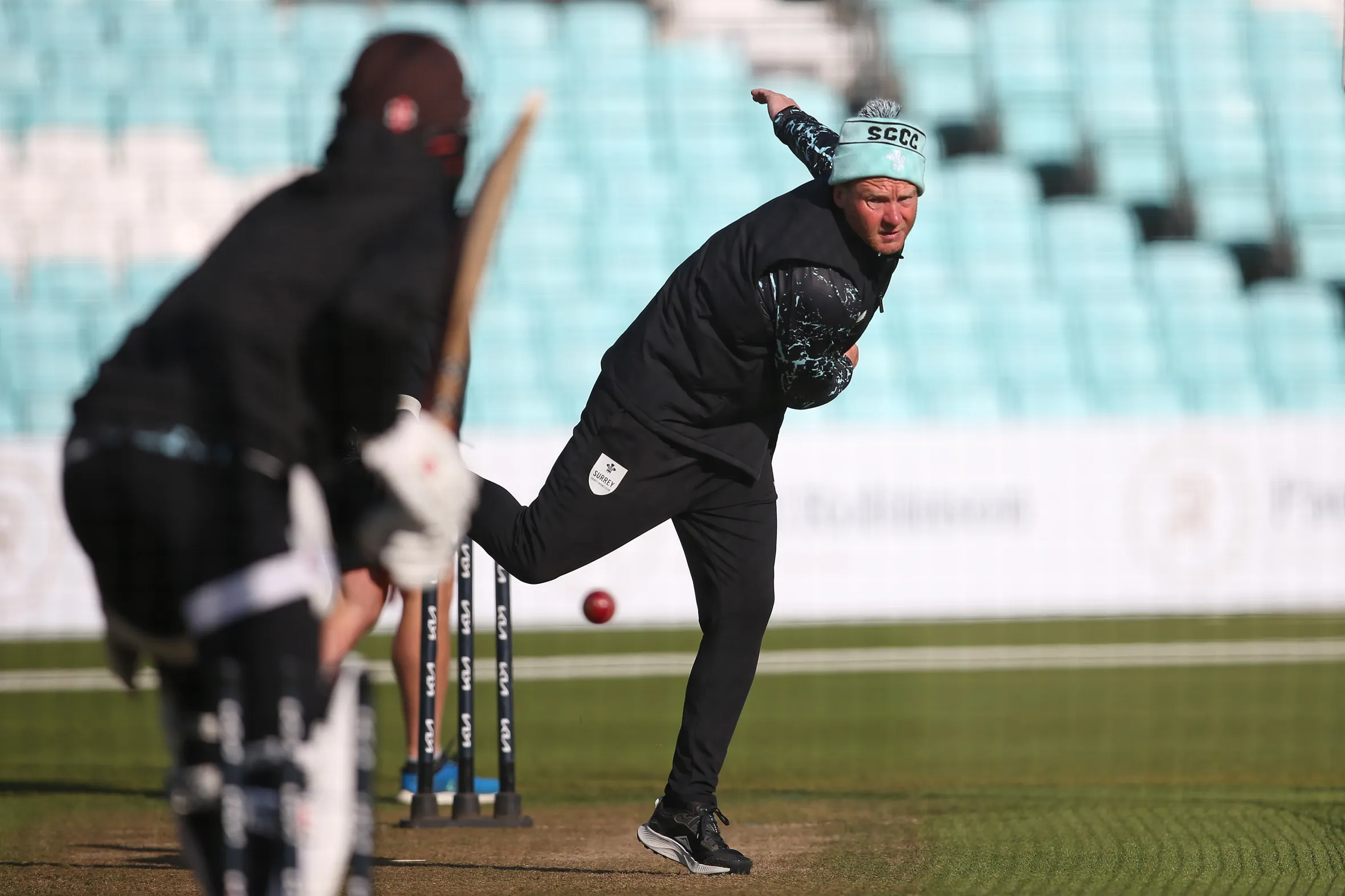 Surrey Head Coach, Gareth Batty, bowling during practice.
