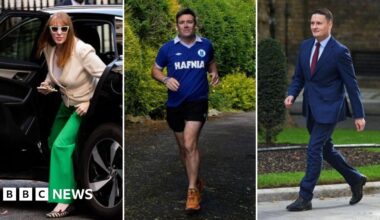 A composite for Angela Rayner getting out of a car dressed in green trousers, cream blazer and green sunglasses, Andy Burnham jogging with airpods in, a blue sports top, black shorts and orange trainers and Wes Streeting walking in a blue suit, blue shirt and burgundy tie.