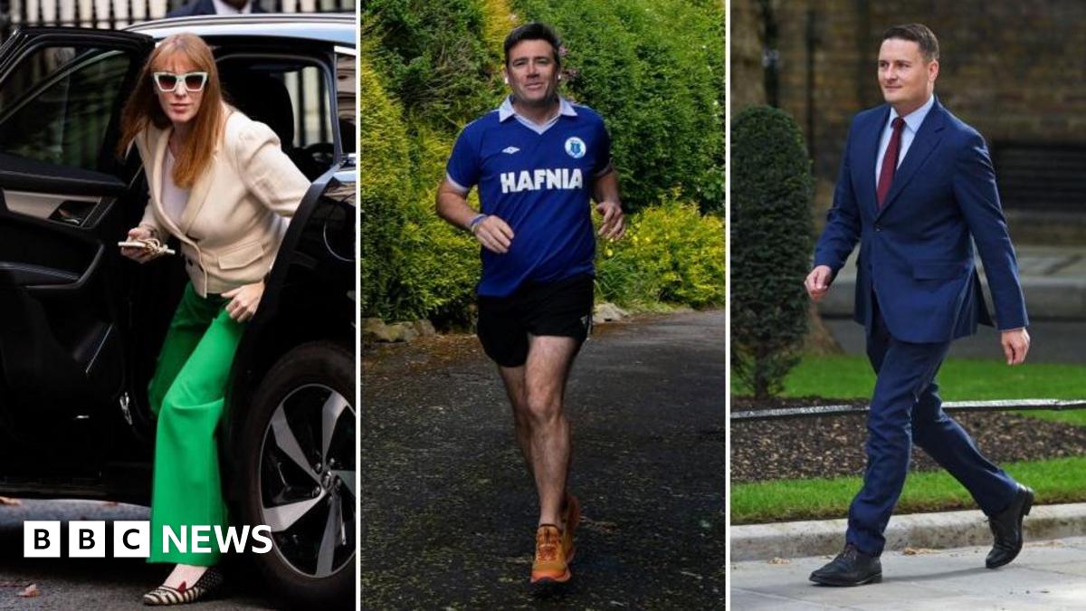 A composite for Angela Rayner getting out of a car dressed in green trousers, cream blazer and green sunglasses, Andy Burnham jogging with airpods in, a blue sports top, black shorts and orange trainers and Wes Streeting walking in a blue suit, blue shirt and burgundy tie.