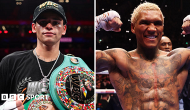 A split picture of Ryan Garcia (wearing a black T-shirt and cap, with the WBC welterweight title over his shoulder) and a shirtless Conor Benn celebrating