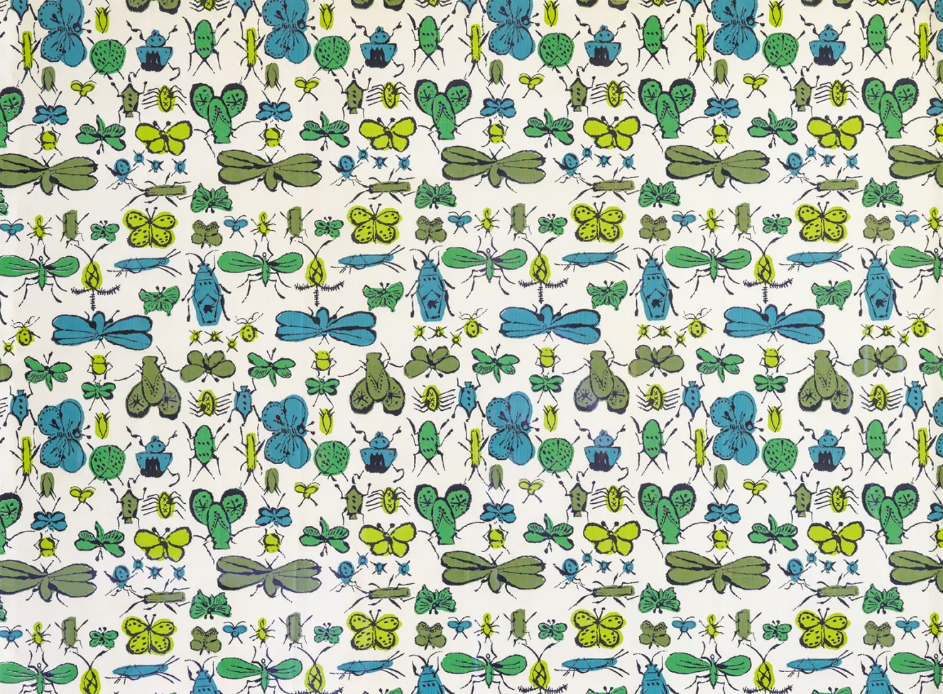 Illustration of blue and green insects, including butterflies, dragonflies, and beetles, on a white background.