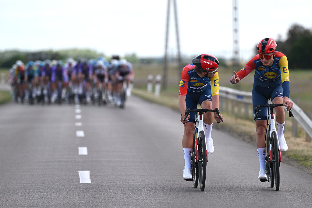 BEKESCSABA, HUNGARY - MAY 13: (L-R) Mathias Sunekaer Norsgaard of Denmark and Kristian Egholm of Denmark and Team Lidl - Trek compete in the breakaway during the 47th Tour of Hungary 2026. Stage 1 a 143.1km stage from Gyula to Bekescsaba on May 13, 2026 in Bekescsaba, Hungary. (Photo by Luc Claessen/Getty Images)