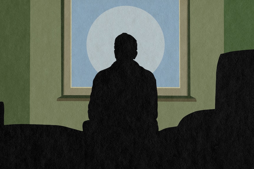 An illustration of a silhouetted man sitting on a bed, looking at an abstract orb through a window.