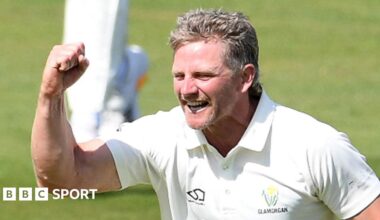 Timm van der Gugten celebrates taking a wicket for Glamorgan