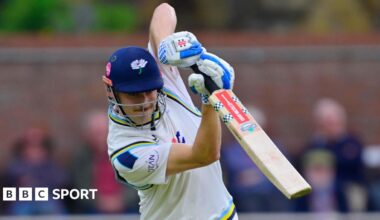 James Wharton plays an off drive for Yorkshire against Somerset.