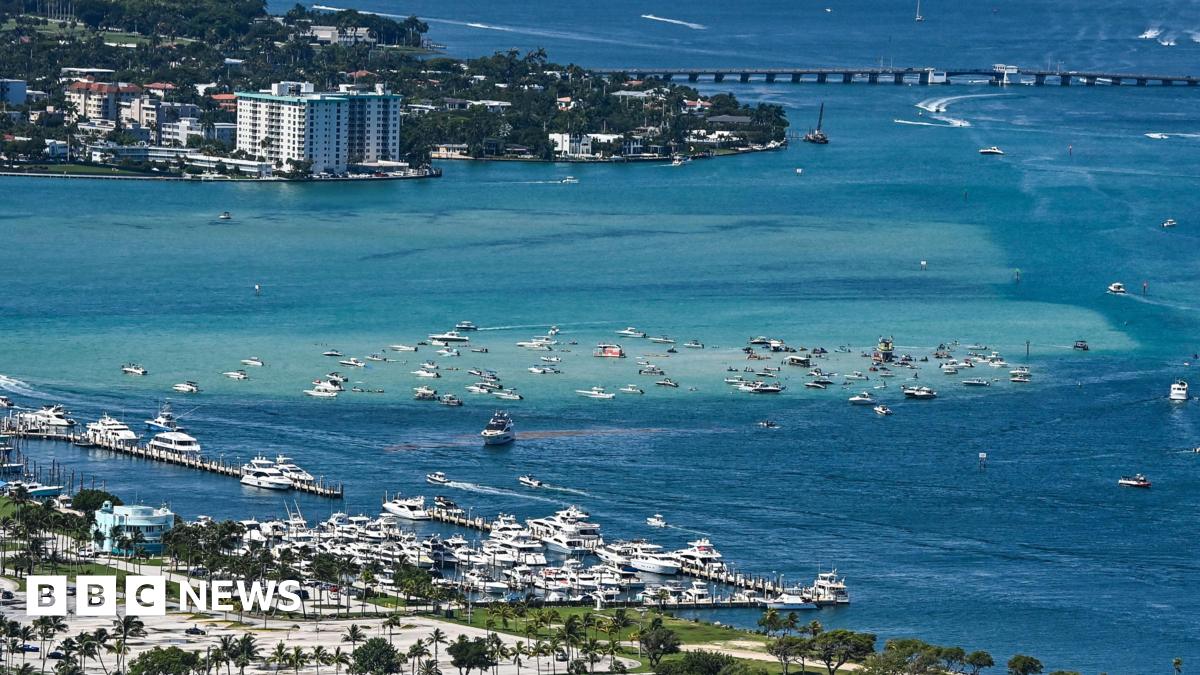Drone birds-eye shot of the Haulover Sandbar in Miami, Florida.