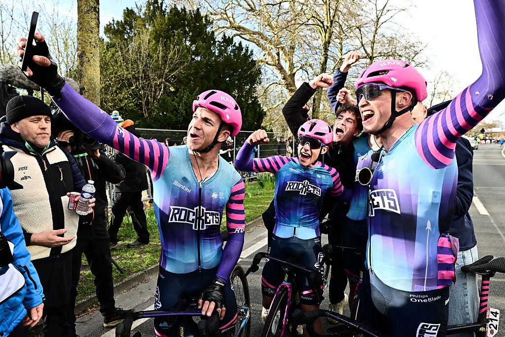 Dutch Dylan Groenewegen of Unibet Rose Rockets celebrates after winning the 'Ronde van Brugge' men's elite one-day cycling race, 202,9 km from and to Brugge on Wednesday 25 March 2026. BELGA PHOTO MAARTEN STRAETEMANS (Photo by MAARTEN STRAETEMANS / BELGA MAG / Belga via AFP)