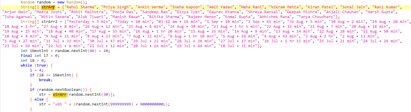 Figure 2. Hardcoded call log data used by the app