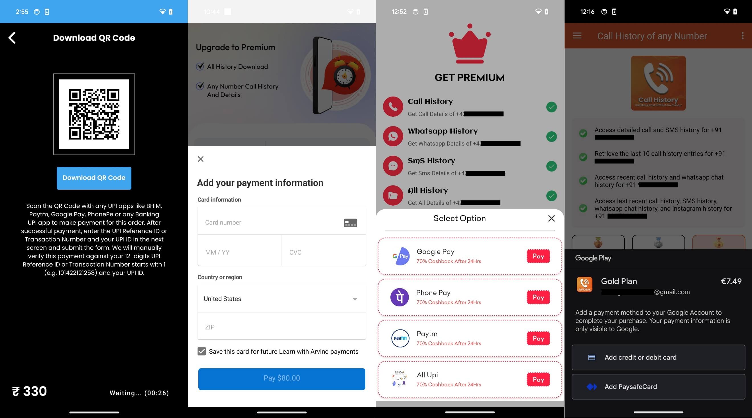 Figure 9. Various payment options used by CallPhantom apps