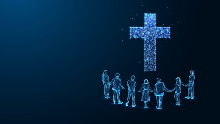 Illustration of people holding hands, looking at glowing cross symbol.