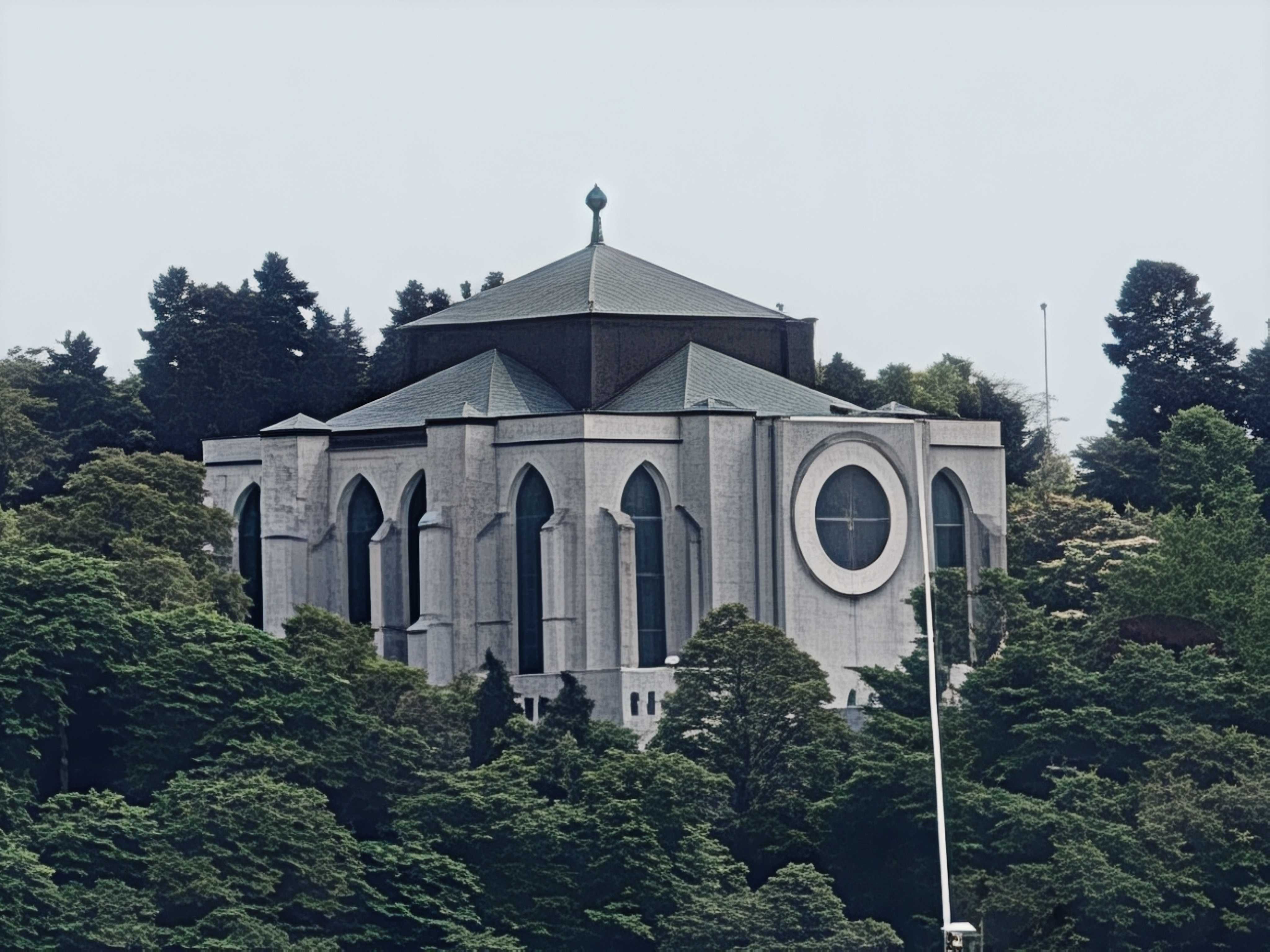 A church surrounded by trees