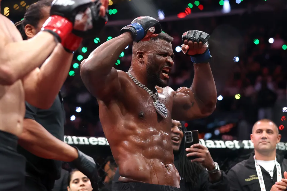 Francis Ngannou celebrates after defeating Philipe Lins by knockout in their heavyweight bout during the main card of Netflix's Ronda Rousey vs. Gina Carano at Intuit Dome on May 16, 2026 in Inglewood, California