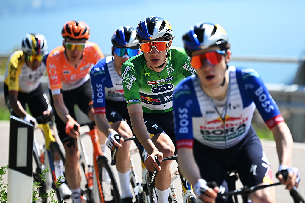 ARCO, ITALY - APRIL 22: Giulio Pellizzari of Italy and Team Red Bull - BORA - hansgrohe - Green Leader Jersey competes during the 48th Tour of the Alps 2026, Stage 3 a 174.5km stage from Latsch - Laces to Arco on April 22, 2026 in Arco, Italy. (Photo by Tim de Waele/Getty Images)