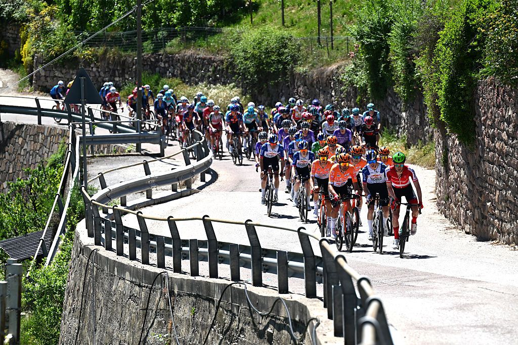 Head-on shot of the peloton snaking through a windy bit of road during a stage of the 2026 Tour of the Alps