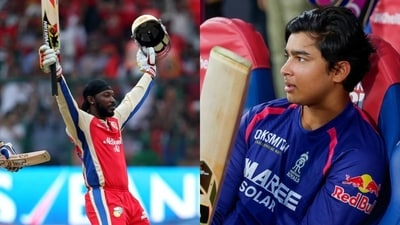 Vaibhav Sooryavanshi, left, is chasing the Universe Boss, Chris Gayle (BCCI/AP)
