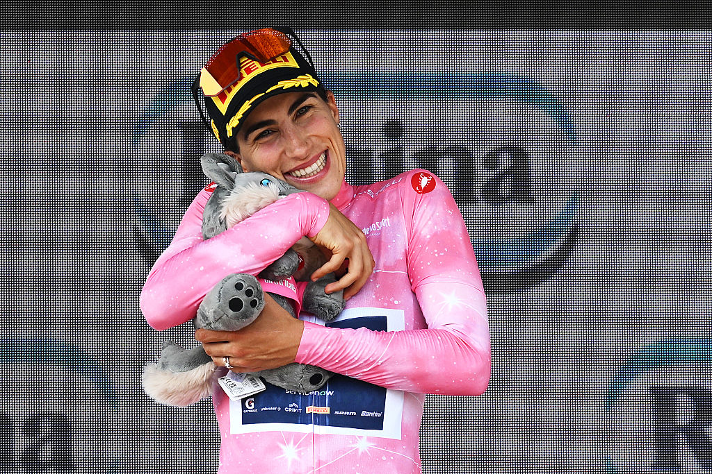 Elisa Balsamo (Lidl - Trek) celebrates after being awarded the race leaders' pink jersey after stage 2 of the 2026 Giro d'Italia Women in Caorle, Italy. (Photo by Luc Claessen/Getty Images)