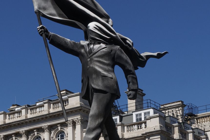 The statue, which Banksy claimed credit for on Thursday, is an apparent commentary on the notion of blind patriotism,