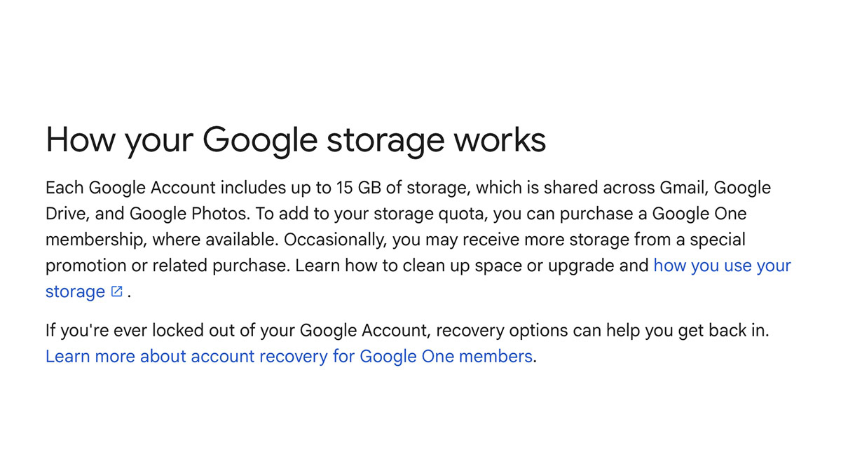 Google account storage support page Google's support page stating that accounts get up to 15GB of storage.