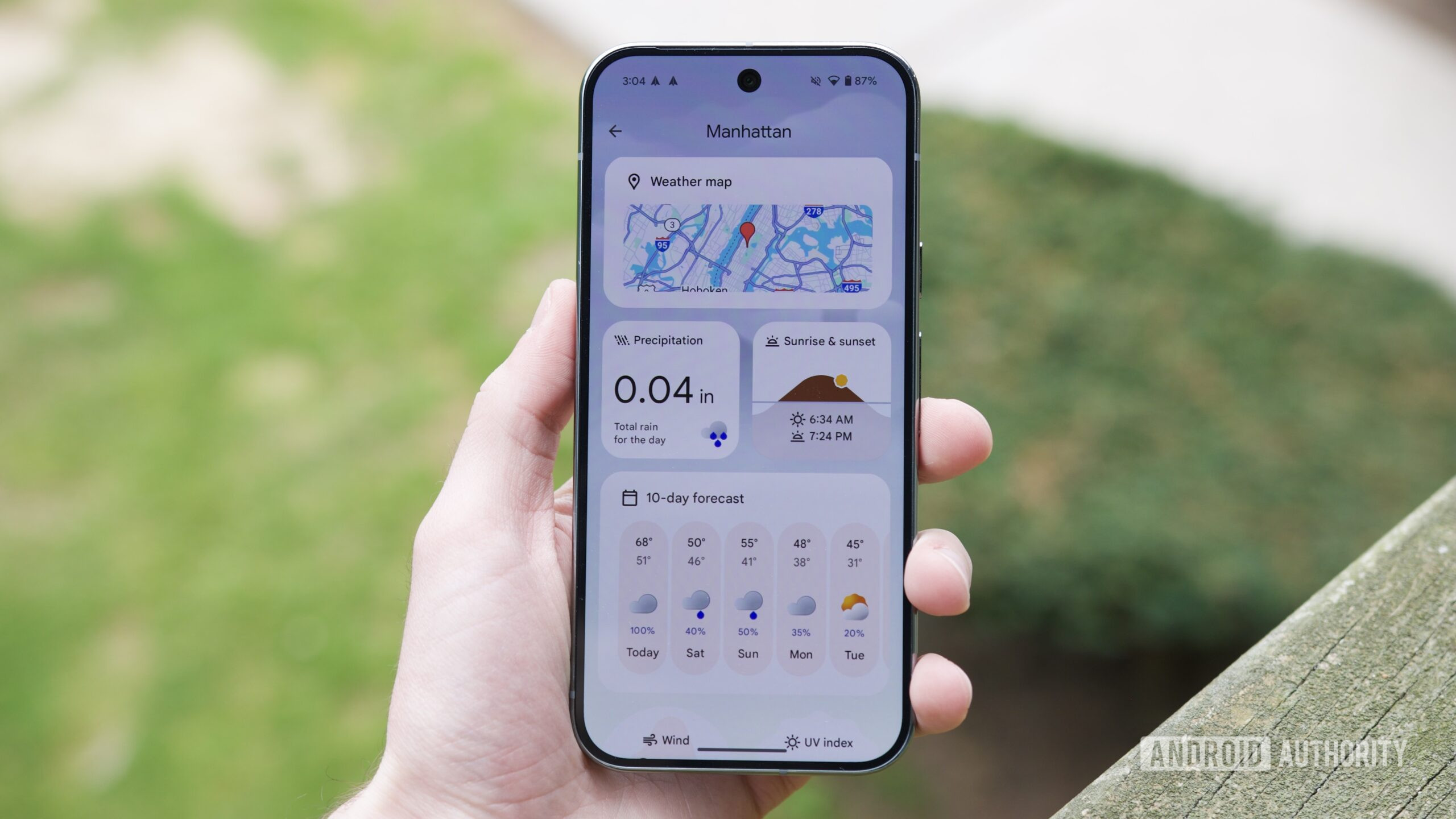 The Pixel Weather app running on a Google Pixel 9 Pro.