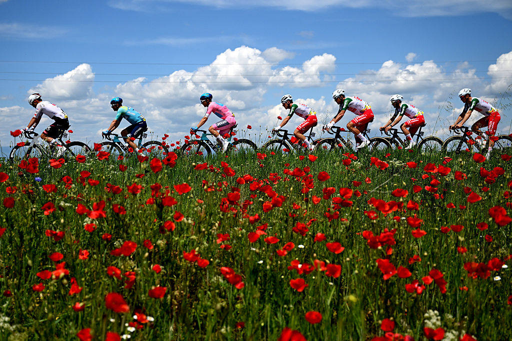 SOFIA, BULGARIA - MAY 10: (L-R) Guillermo Thomas Silva of Uruguay and Team XDS Astana - Pink Leader Jersey and a general view of the peloton passing through flowery landscape during the 109th Giro d'Italia 2026, Stage 3 a 175km stage from Plovdiv to Sofia / #UCIWT / on May 10, 2026 in Sofia, Bulgaria. (Photo by Dario Belingheri/Getty Images)