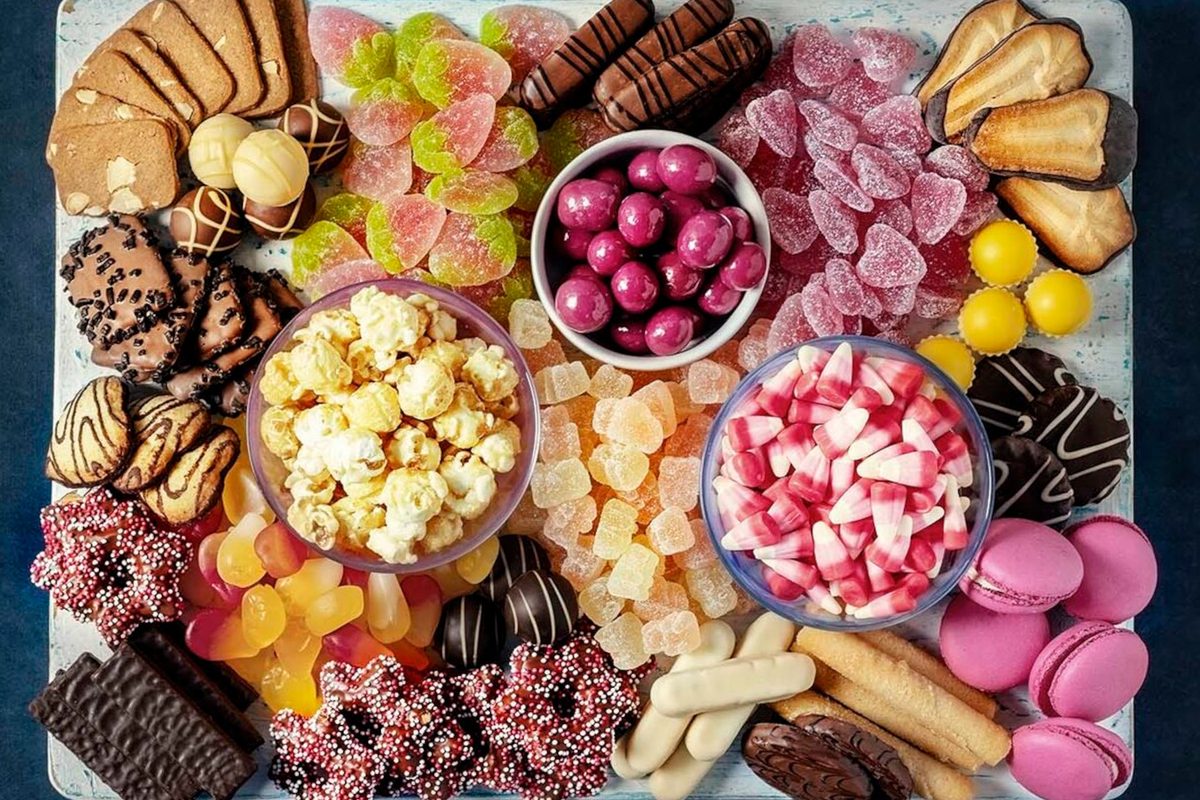 Aerial view of a selection of sweets on a table