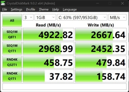 Here's CrystalDiskMark in its rare non-anime edition. Internal SSD on the left, Micro SD card on the right.